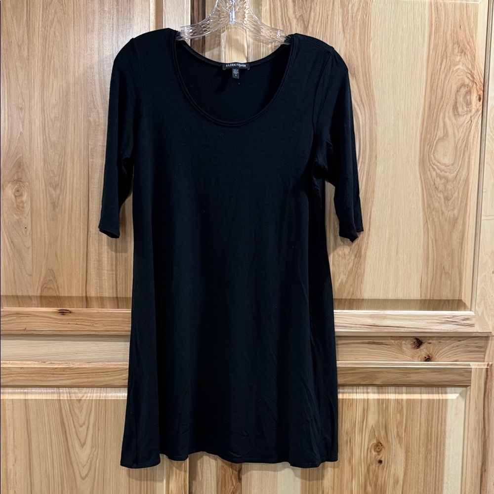 Eileen Fisher Black Simple Elbow Length Minimalist Pull Over Staple Dress Size S